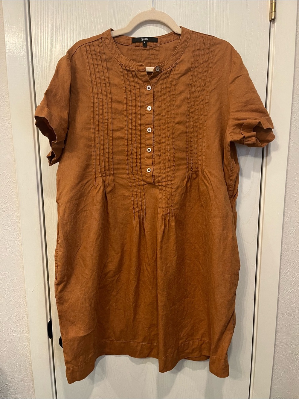 QUINCE European Linen Short Sleeve Swing Dress Shift Terracotta Pockets Large